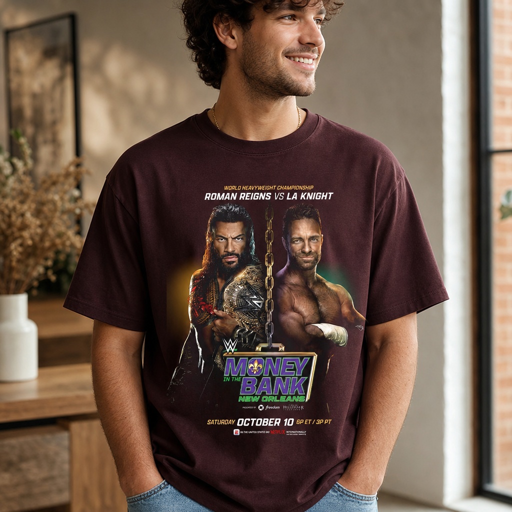 WWE Money in the Bank 2026 Roman Reigns vs. LA Knight World Heavyweight Championship T-Shirt 1